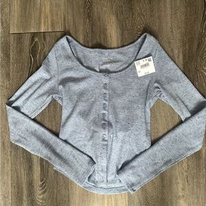 American Eagle Outfitters Light Blue Ribbed Henley Long Sleeve Top - Women